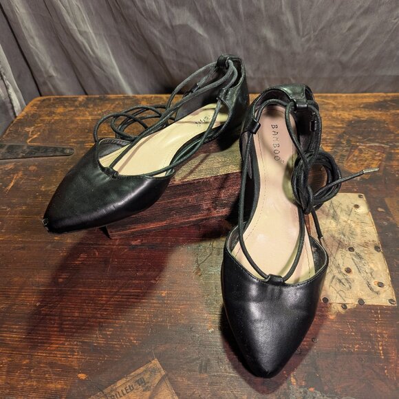 Bamboo black leatheresque "Sequel 04" lace up Ballet Flats Sz 7 - Picture 2 of 9